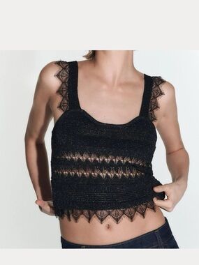 Zara Black Lace-Trim Knit Cowl Tank